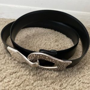 Chico's Belt Black Adjustable Silver Tone Patterned Hook Buckle M / L 38"